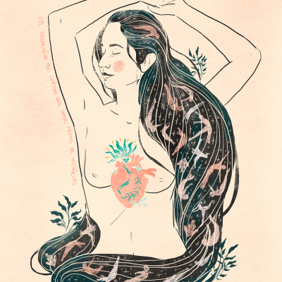 Ilustração artística de mulher com coração anatómico visível e cabelo longo com plantas