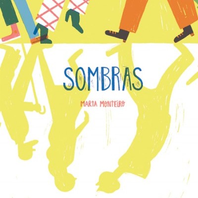 Capa de livro ilustrada com pernas e sombras coloridas, incluindo texto SOMBRAS e Marta Monteiro
