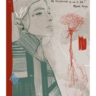 Ilustração de mulher com camisola verde e flor vermelha, com citação de Manuel Alegre