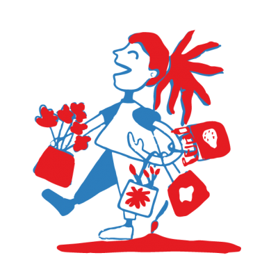 Ilustração estilizada de figura humana azul e vermelha com flores e sacos