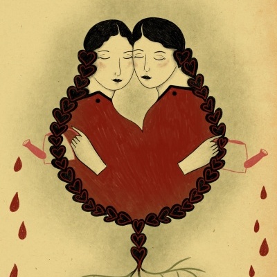 Ilustração de duas mulheres abraçadas com tranças de corações regando raízes.