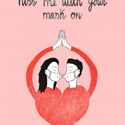 Ilustração de duas pessoas com máscaras formando um coração com os braços e texto em inglês