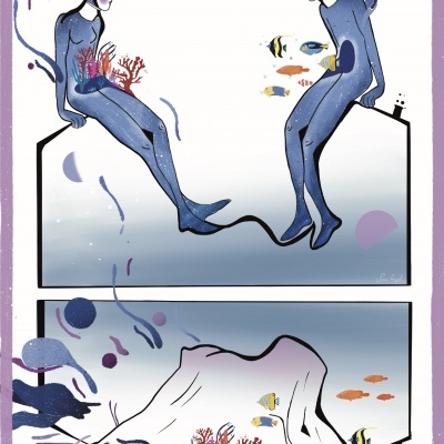 Ilustração com duas figuras em fato de mergulho azul sentadas numa casa desenhada, com corais e peixes coloridos no corpo e texto 'Preserve the Ocean'
