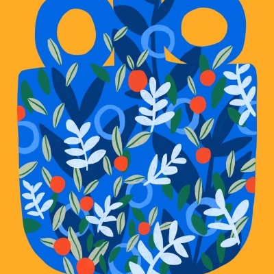 Ilustração de objeto azul com padrão floral sobre fundo laranja
