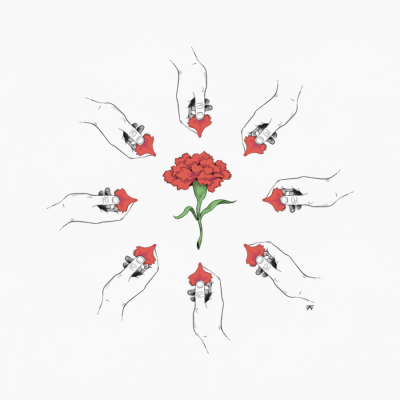 Desenho de flor vermelha com mãos a segurar pétalas em fundo branco