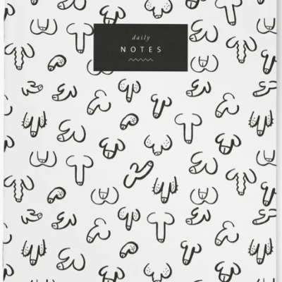Caderno com capa branca e desenhos pretos de formas fálicas, etiqueta preta com texto 'daily NOTES'.