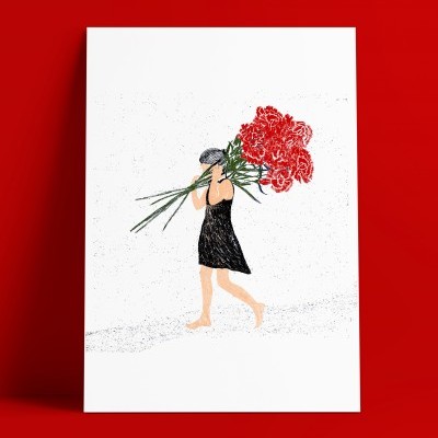 Poster com ilustração de mulher a pé descalça segurando flores vermelhas.