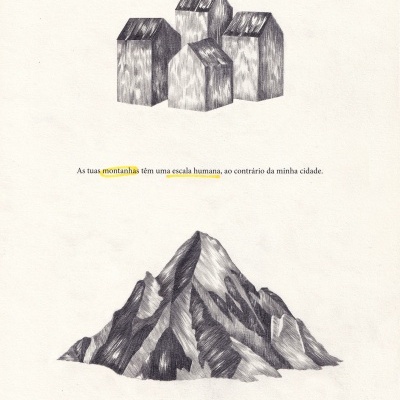 Ilustração a lápis de casas de madeira e montanha com texto em português
