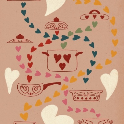 Desenho colorido de tachos e panelas com corações e tampas decorativas