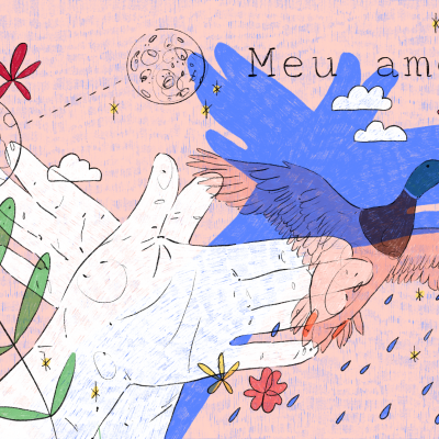Ilustração com pato a voar e mãos sobrepostas com texto 'Meu amor'