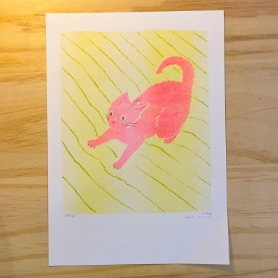 Impressão artística de um gato rosa num fundo amarelo com linhas verdes onduladas, assinada e numerada.