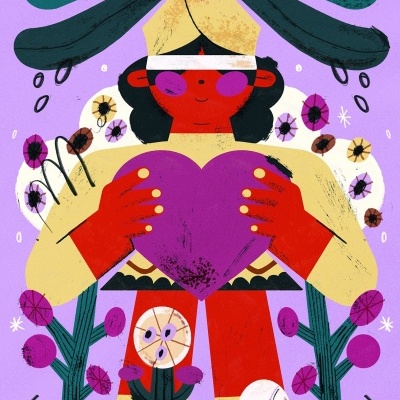 Ilustração colorida de uma figura humana segurando coração roxo com coroa amarelo e flores