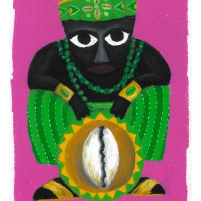 Figura estilizada com roupa verde e objeto branco oval em fundo rosa