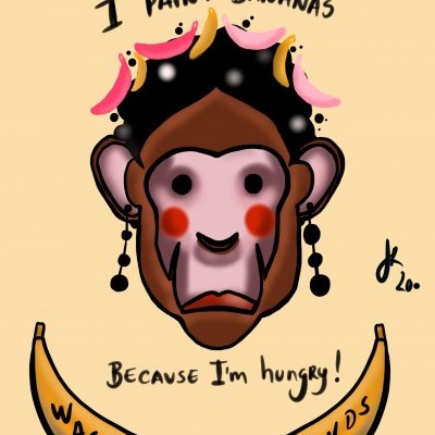 Ilustração de rosto de macaco com bananas e texto relacionado à fome e lavagem das mãos