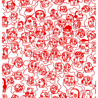 Desenho de várias faces em linhas vermelhas sobre fundo branco