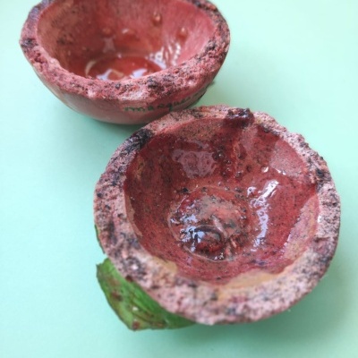Dois frutos castanha avermelhada abertos com interior vermelho brilhante sobre fundo verde claro