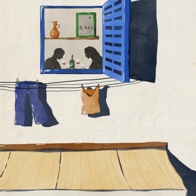 Pintura mural de parede branca com janela azul aberta e toldo com inscrições PADARIA PASTELARIA