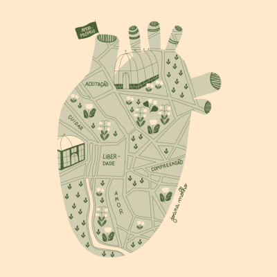 Desenho de coração humano com caminhos e palavras em verde sobre fundo bege