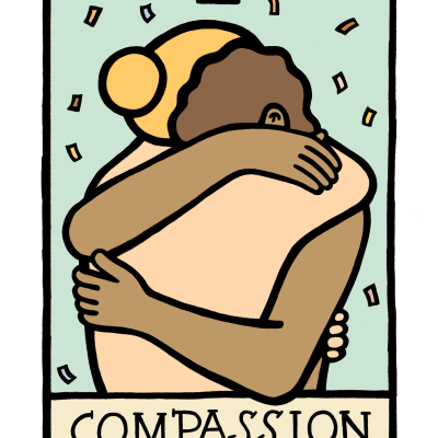 Ilustração de duas pessoas a abraçarem-se com o texto COMPASSION