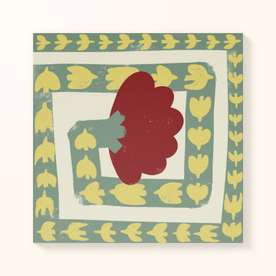 Pano de mesa ou guardanapo com padrão floral e geométrico em verde, amarelo e vermelho