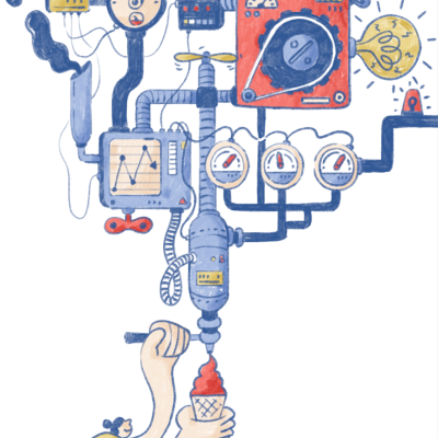 Máquina complexa com medidores e braço a servir gelado a figura humana pequena