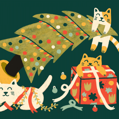 Ilustração com três gatos junto a árvore de Natal, presente e decorações
