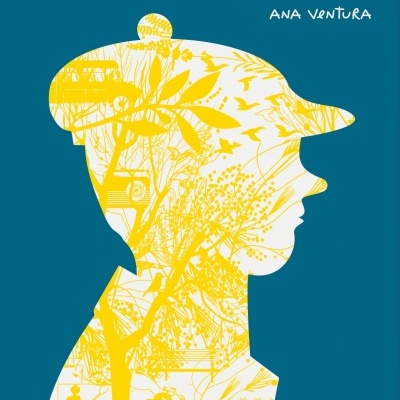 Capa de livro com silhueta amarela decorada com desenhos de natureza e casas sobre fundo azul