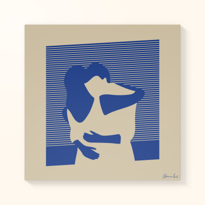 Quadro minimalista azul e bege com duas pessoas abraçadas.