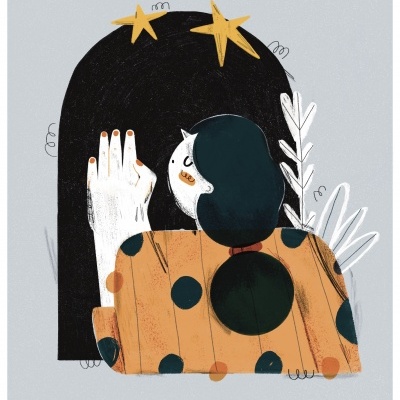 Ilustração colorida de figura humana com camisa de pontos e elementos abstratos.