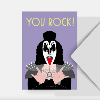 Cartaz com desenho de figura usando maquilhagem da banda Kiss e texto YOU ROCK!