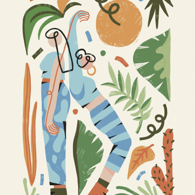 Ilustração estilizada com duas figuras humanas e elementos botânicos abstratos