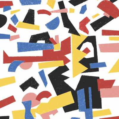 Padrão gráfico abstrato colorido com formas geométricas.