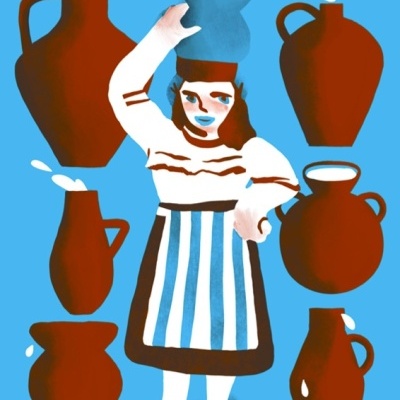 Ilustração de mulher com jarros de cerâmica castanhos sobre fundo azul