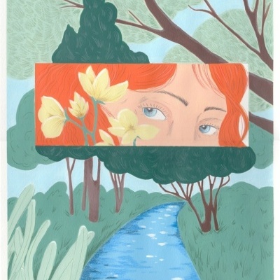 Ilustração de rio com vegetação e rosto de mulher ruiva com flores amarelas