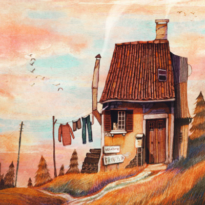 Casa de campo ilustrada com roupa pendurada e sinais de madeira