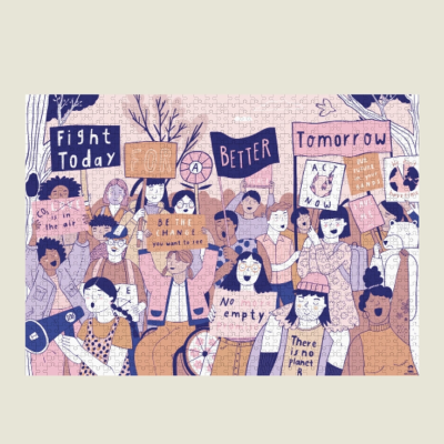 Quebra-cabeças com imagem de protesto e cartazes em inglês