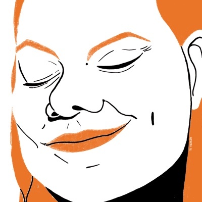 Ilustração digital de um rosto feminino com cabelo e sobrancelhas cor laranja