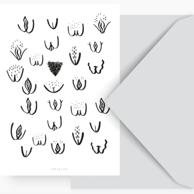 Cartão branco com desenhos preto de pêlos púbicos e envelope cinza claro ao lado