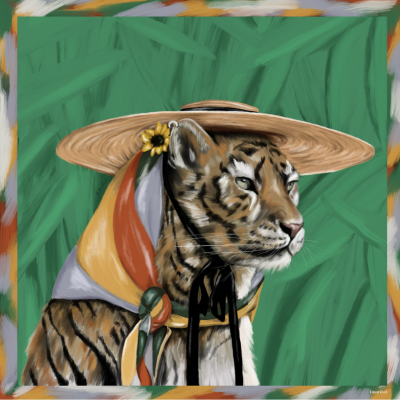 Pintura de tigre com chapéu de palha e lenço colorido em fundo verde texturizado