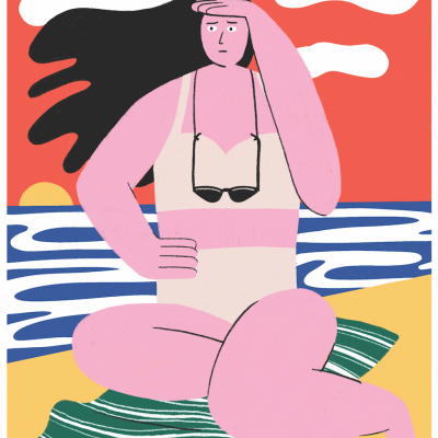 Ilustração de mulher na praia com fato de banho creme e toalha verde às riscas brancas