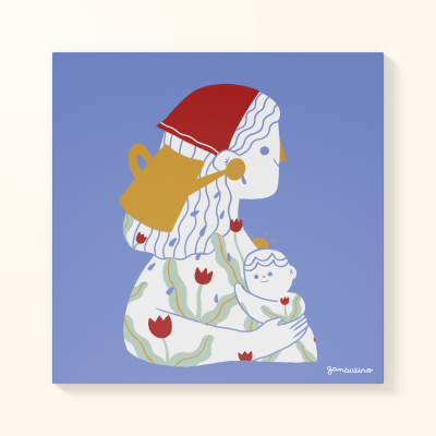 Ilustração colorida de mulher com touca e regador segurando bebé com padrão floral.