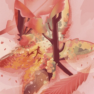 Ilustração digital de uma floresta com árvores, folhas e duas figuras humanas com cães em cores quentes.