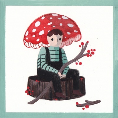 Ilustração de personagem com chapéu de cogumelo sentado num tronco segurando ramo com bagos vermelhos.