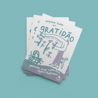 Livro 'Gratidão' com capa branca, ilustrações e texto em verde e roxo, empilhados sobre fundo azul
