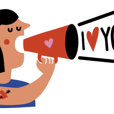 Pessoa a falar num megafone vermelho com o texto I heart YOU