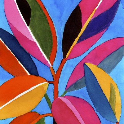 Pintura abstrata colorida de folhas com fundo azul