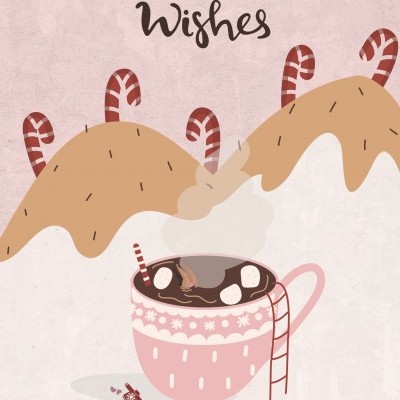 Caneca rosa com chocolate quente e malvaviscos e texto Warm Wishes