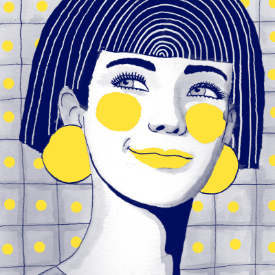 Ilustração estilizada de mulher com acessórios e padrão de bolinhas amarelas