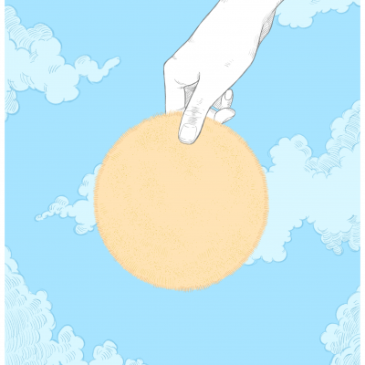 Ilustração de mão segurando disco amarelo no céu com nuvens