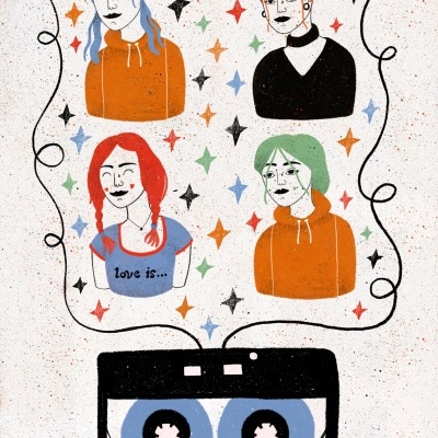 Ilustração com quatro raparigas coloridas e cassete preta com olhos azuis e texto